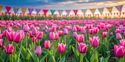 Colorful bunting above pink tulips field, colorful, bunting, pink, tulips, field, spring, flowers, vibrant, garden