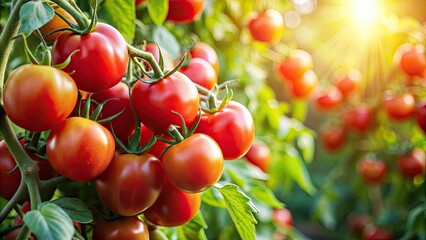 Obraz premium Close-up of ripe red tomatoes growing on the vine with green leaves and sunlight in the background , Tomatoes, ripe, red