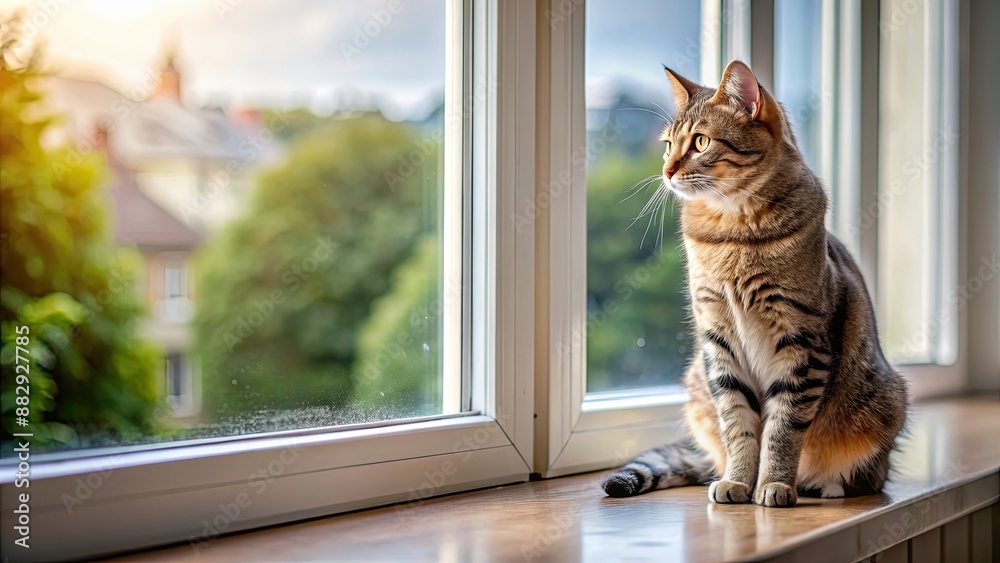 Wall mural Cat sitting in window sill gazing outside, pet, feline, domestic, window, sill, home, indoors, curiosity, looking, outside