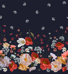 Seamless Coupon. Garden flowers, realistic pattern. Print for textiles, wallpaper, postcards, packaging.