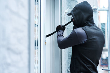 Man, criminal and crowbar for house crime, home invasion and breaking entering attempt with tool....