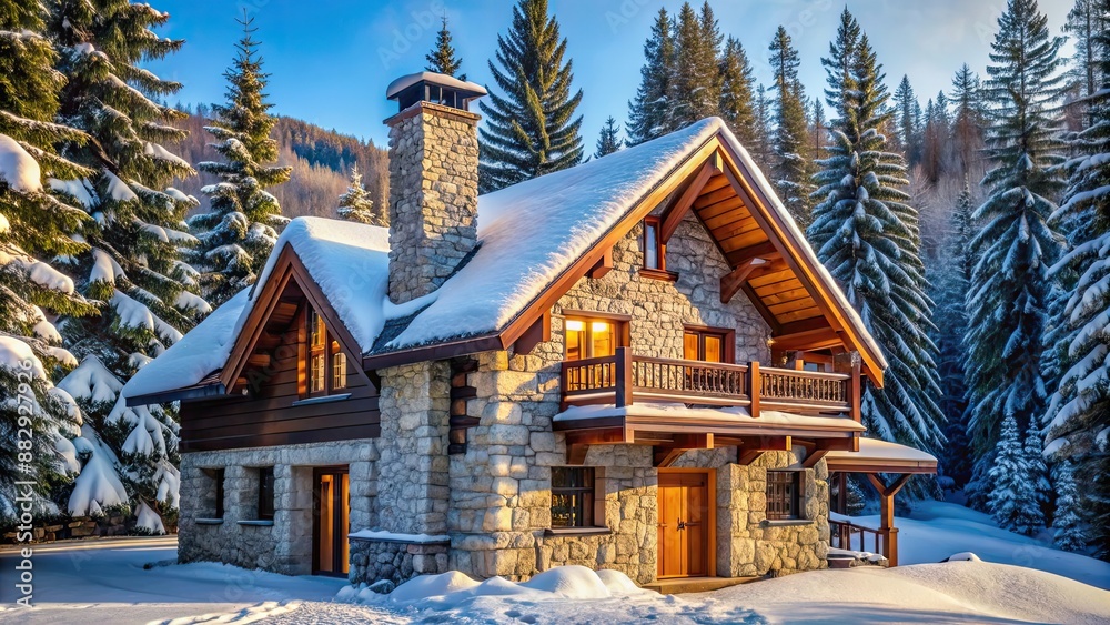 Wall mural Chalet villa with a stone chimney nestled in a winter forest, winter, cabin, stone chimney, snow, forest, cozy, holiday, mountain