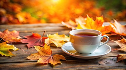 Closeup view of a cup of tea with vibrant autumn leaf , tea, cup, drink, autumn, leaf, vibrant, closeup, hot, refreshment, warm