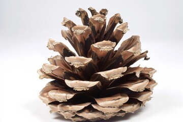 Large brown pinecone lying flat on a pure white background