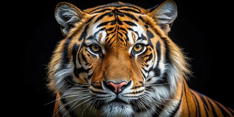 Fototapeta premium Close-up detailed shot of a tiger's intense face against a black background, wildlife, predator, feline, big cat