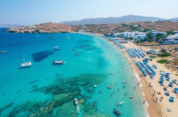 An aerial view of pristine beaches, showcasing clear blue waters and lush greenery on the island, with sandy white beaches in close focus. The scene includes iconic landmarks, turquoise water