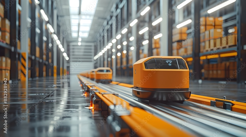 Poster futuristic warehouse with autonomous robots sorting packages on conveyor belt showcasing advanced lo