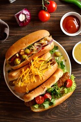 Hot dogs with different toppings on wooden background