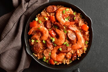 Creole style jambalaya with prawn, smoked sausages and vegetable
