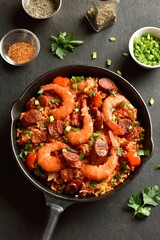 Creole style jambalaya with prawn, smoked sausages and vegetables