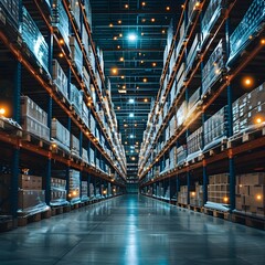 Fototapeta premium Optimized Logistics Warehouse During Peak Season with Heightened Activity and Streamlined Processes