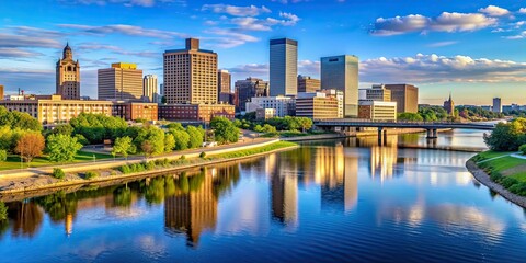 Fototapeta premium Cityscape of Rochester, Minnesota, USA overlooking the Zumbro River, Rochester, Minnesota, cityscape, USA, Zumbro River