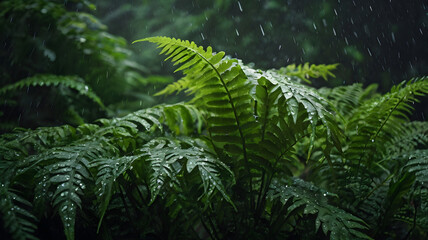 dark leaf green fern background with raining