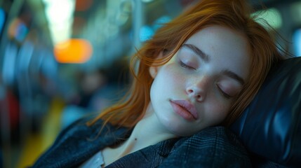A working woman is tired and falls asleep on a public bus.