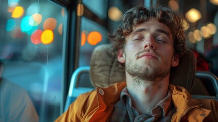 Tired man Sitting and sleeping with tiredness and exhaustion on public transport or buses in the winter.