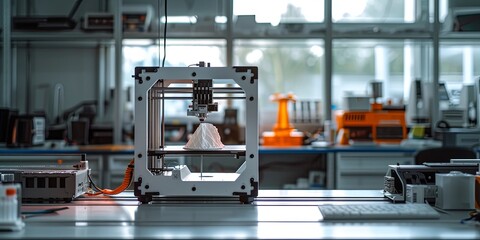 Fototapeta premium 3D printer in office prints model of church, house. White architectural model printed. Modern printing technologies, visualization, white religious buildings, accelerated design