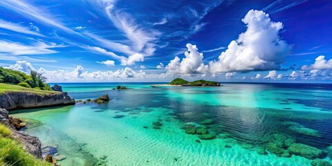 Obraz premium Beautiful seascape of Okinawa with clear blue skies and turquoise waters, Okinawa, Japan, beach, ocean, tropical, travel
