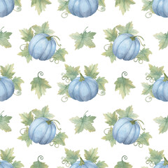 Blue pumpkins with green leaves and vines background clipart. Seamless watercolor pattern Great for creating autumn-inspired home decor, event invitations, party supplies, and eco-friendly packaging