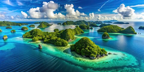 Obraz premium Collection of beautiful, isolated islands surrounded by clear blue water and lush greenery, Islands, isolated, beautiful