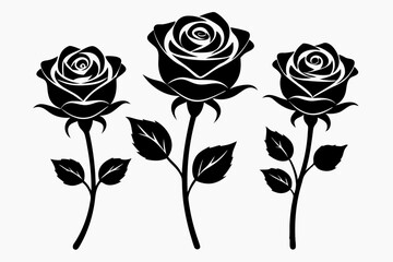 rose flowers silhouettes Vector set, set of decorative rose with leaves	
