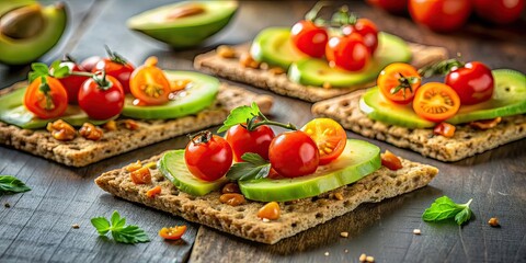 Close-up of healthy whole grain crackers topped with avocado and cherry tomatoes