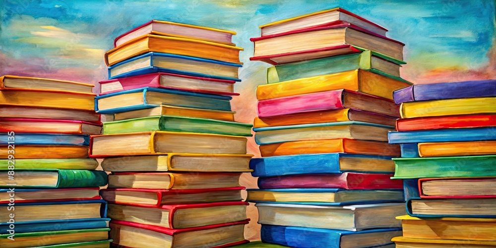 Wall mural Colorful abstract painting of stacked books representing knowledge and learning, colorful, abstract, painting, stacks