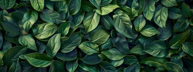 Obraz premium A top view of green leaves in the shape of boxwood, lush and dense. The background is dark with a natural feel. A soft focus effect adds depth to the image. High resolution