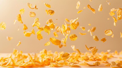 Obraz premium beige background, corn flakes can be seen falling from above. The dark backdrop emphasizes the gold flecks. Create striking visual effects, capturing the movement and texture of grains.