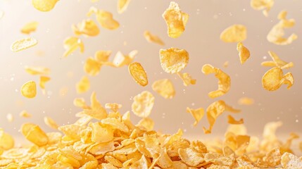 Obraz premium beige background, corn flakes can be seen falling from above. The dark backdrop emphasizes the gold flecks. Create striking visual effects, capturing the movement and texture of grains.