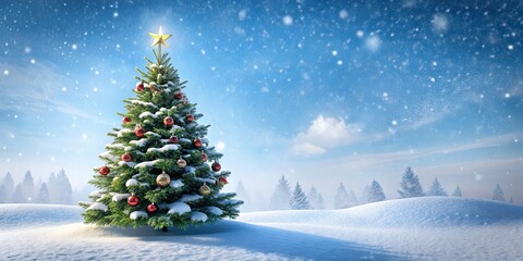 Obraz premium Christmas tree standing in a blanket of fresh snow, winter, holiday, festive, pine, decorations, cold, snowy, white
