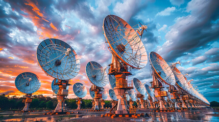 Large array of satellite dishes communicating with satellites at sunset