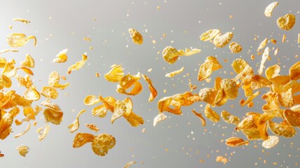 grey background, corn flakes can be seen falling from above. The dark backdrop emphasizes the gold flecks. Create striking visual effects, capturing the movement and texture of grains.