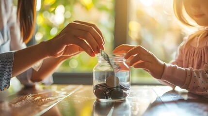 Close-up of mother and daughter hands depositing cash into a glass jar, showcasing financial education and savings.