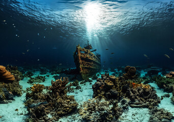 Fototapeta premium A sunken ship surrounded by seaweed.