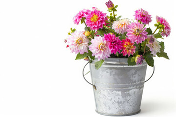 Fototapeta premium Elegant autumn potted plant in huge collections of flowers, galvanized metal bucket with a cluster of blooming dahlias, isolated white background, leave plentiful space...