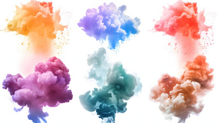 Fototapeta premium Set of colorful smoke explosions and blasts isolated on white background.