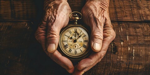 Partial view of hands gripping old-fashioned timepiece on worn wooden tabletop, evoking a sense of timelessness.