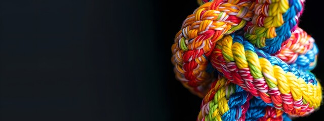 A colorful knotted ting of rope with different colors on a black background. An abstract concept...