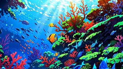 An illustration of a vibrant coral reef with diverse marine life, including fish, turtles, and corals