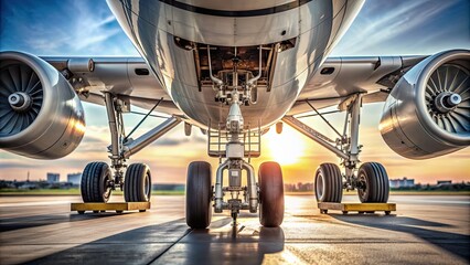 Naklejka premium Close-up view of airplane landing gear with detailed mechanics and wheels , aircraft, landing gear, airplane, close-up