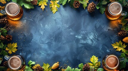 Autumnal beer background with leaves, cones and copy space