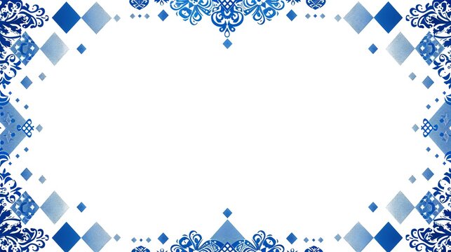 Elegant blue and white frame with intricate floral design and diamond patterns.