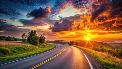 Naklejka premium Beautiful sunset casting warm colors over a winding road , sunset, road, evening, dusk, orange sky, scenic, tranquil