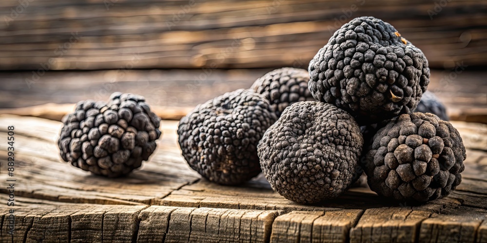 Poster Close-up of black truffles on rustic wood , black truffles, mushrooms, gourmet, delicacy, ingredient, food, rustic, wood