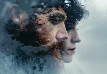 double exposure of man and women portrait dark hair and thinking .
