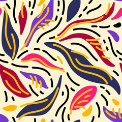Abstract seamless pattern. Undulating shapes similar to leaves or feathers, bionic shapes. Colors creative template. Trendy collage for textile, wrapping paper, wallpaper, cover design. Vector texture