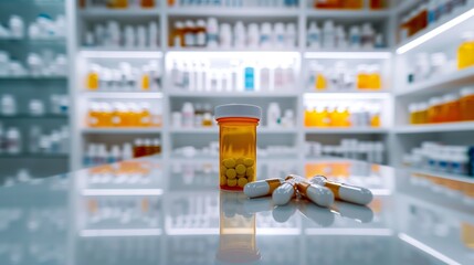 A close up shot of an orange and white pill bottle inside a modern medical laboratory.