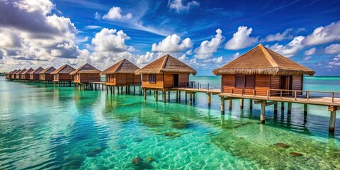 Obraz premium Beautiful tropical landscape with wooden overwater villas, tropical, landscape, wooden, overwater, villas, vacation, scenic