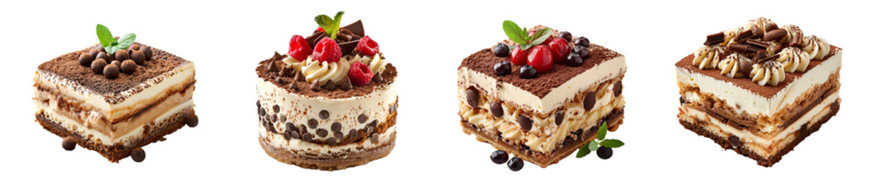 Assorted tiramisu desserts with berries and chocolate indulgent treat transparent background