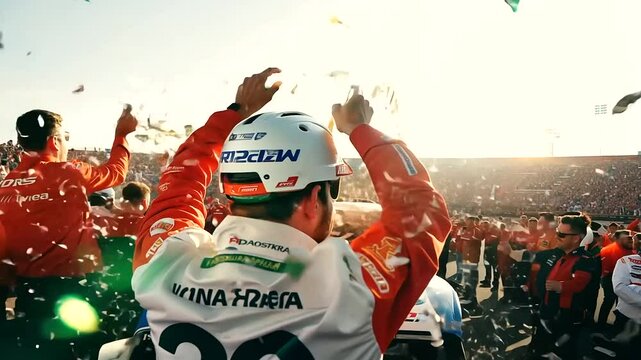 Hands held high, driver in the winners circle of F1 race